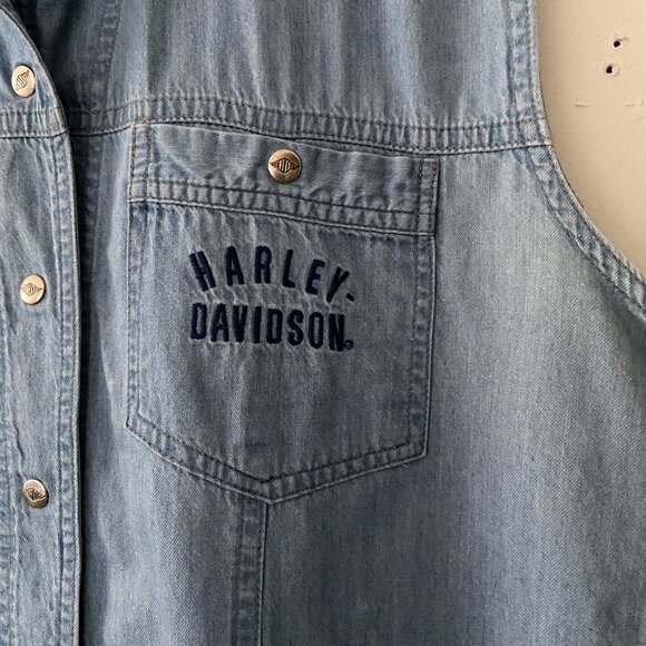 Vintage Harley Davidson Women's Blue Denim Snap Button-Up Vest Embroidered Large - Picture 5 of 10